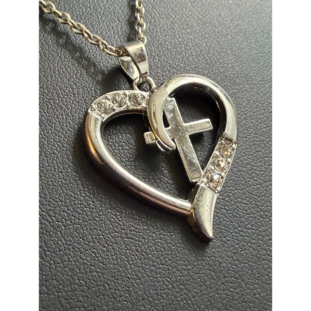 Heart Cross Pendant Necklace Rhinestone Silver Tone